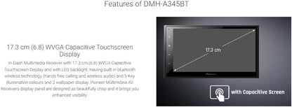 Pioneer Car Stereo DMH-A345BT,17.3 cm (6.8) WVGA Capacitive Touchscreen, BT/USB/AUX/Radio